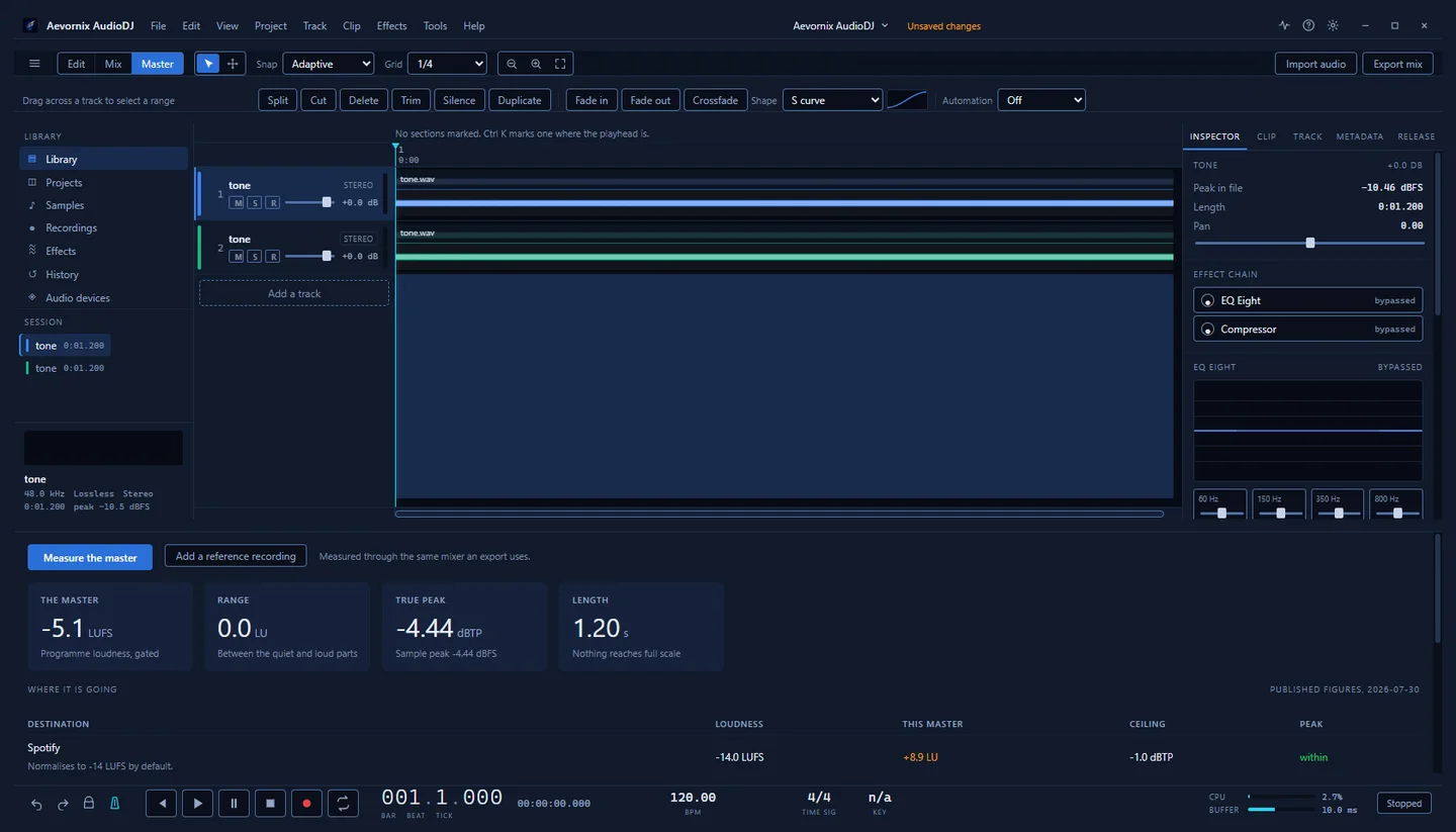 Aevornix AudioDJ Master view showing loudness, range, true peak and length measurements for the master output.