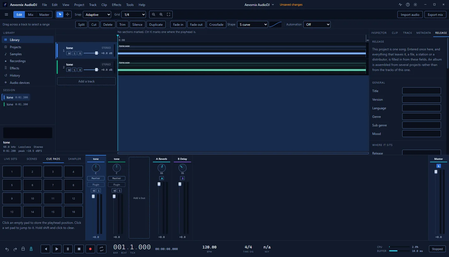 Aevornix AudioDJ with the Release panel open in the inspector, showing fields for title, version, language, genre and mood.