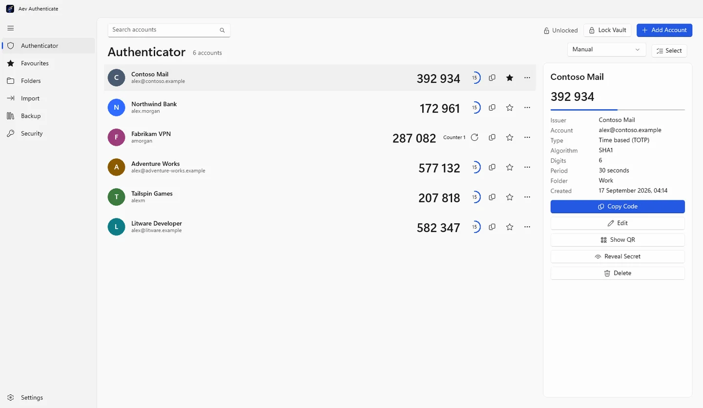 Aev Authenticate account list with six example accounts and their current codes, and a detail panel for the selected account.