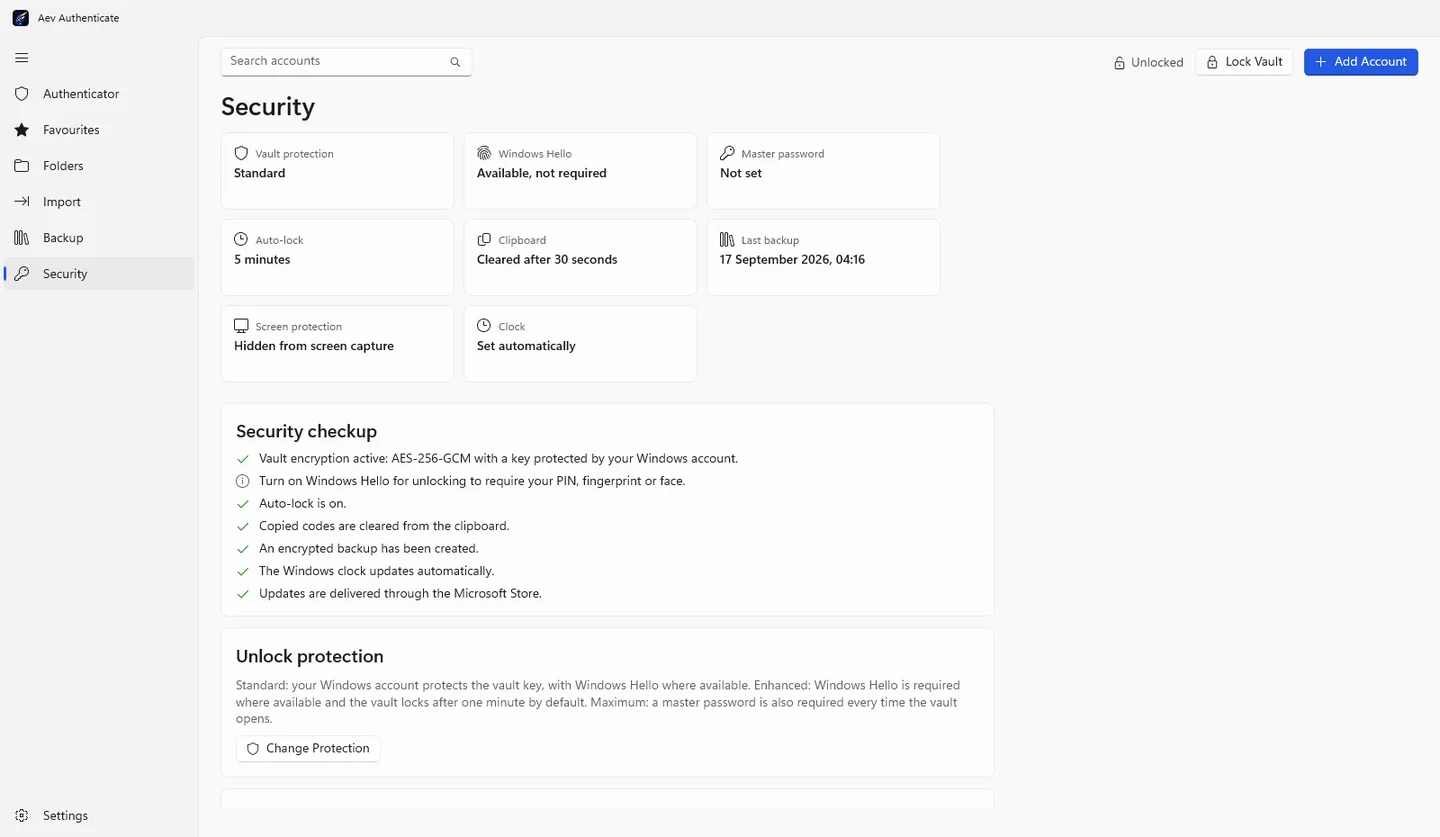 Aev Authenticate Security page summarising vault protection, auto lock, clipboard and backup status with a security checklist.