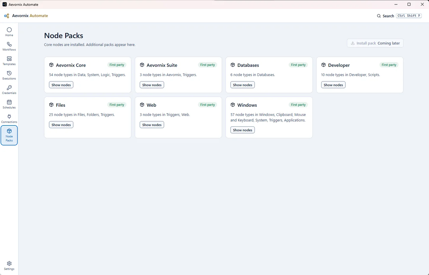 Aevornix Automate Node Packs page listing installed packs including Aevornix Core, Aevornix Suite, Databases, Developer, Files, Web and Windows.