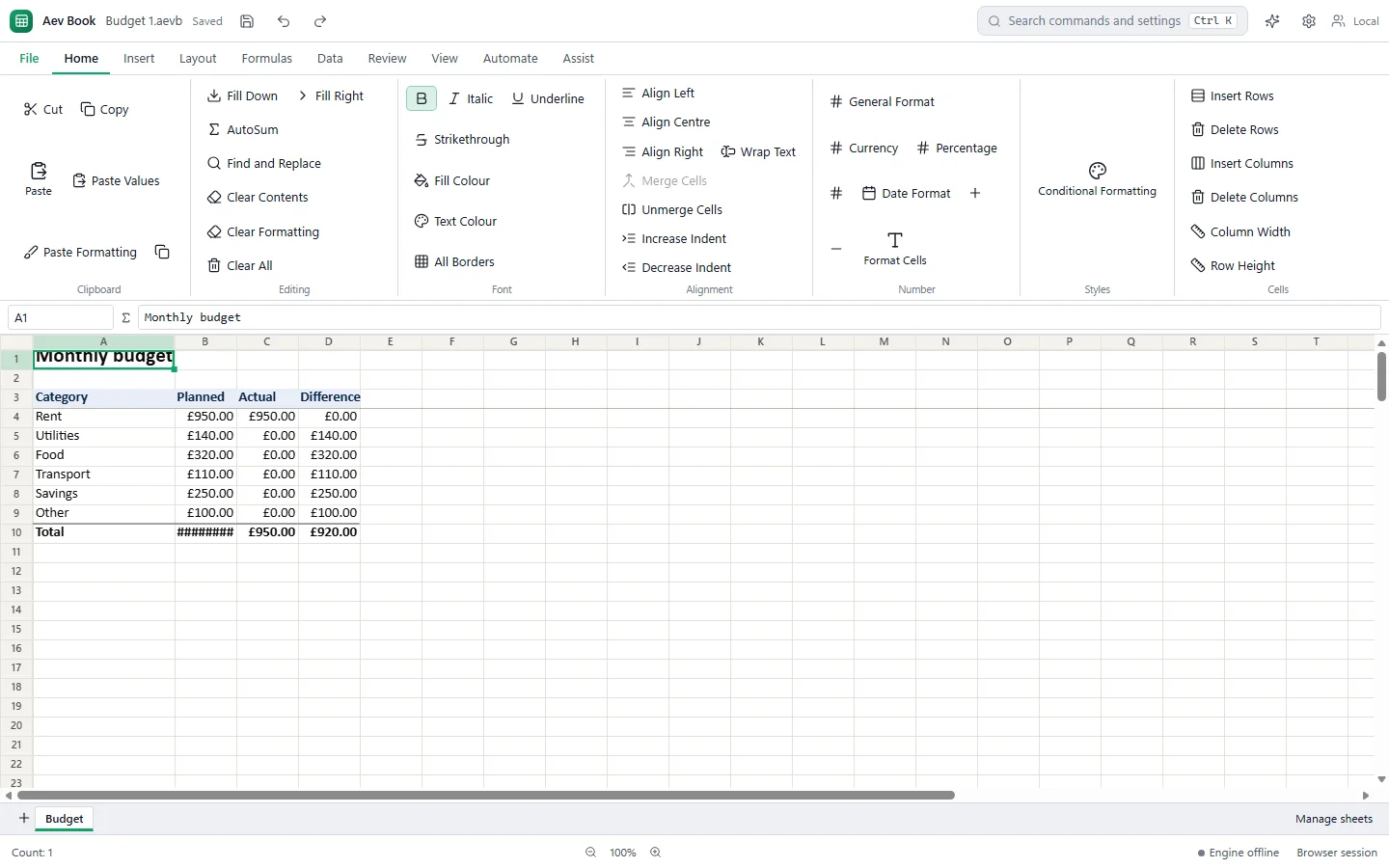 Aev Book with a Monthly Budget sheet showing planned, actual and difference columns by category below the Home ribbon.