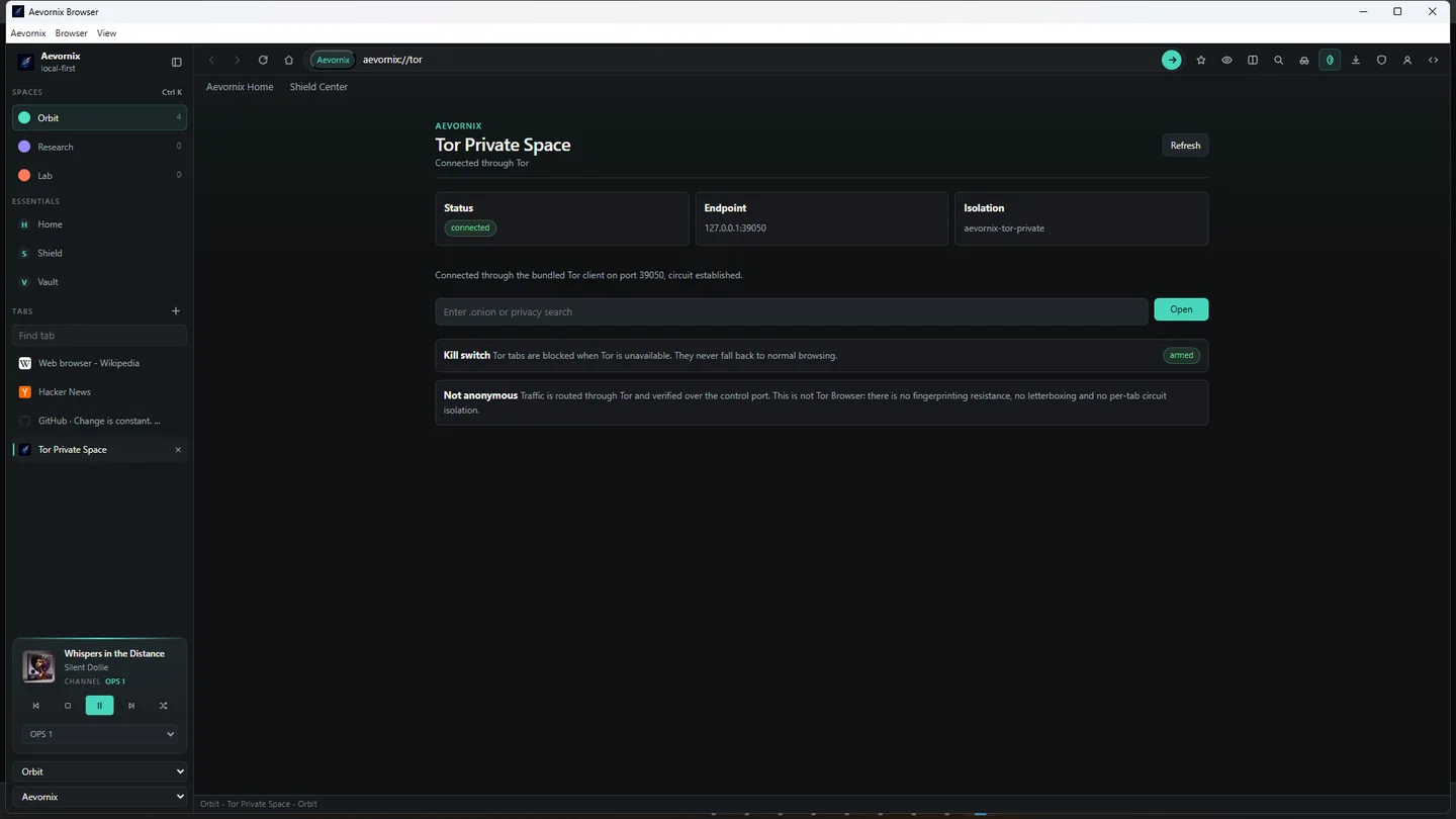 Aevornix Browser Tor Private Space page showing connection status, endpoint and isolation details.