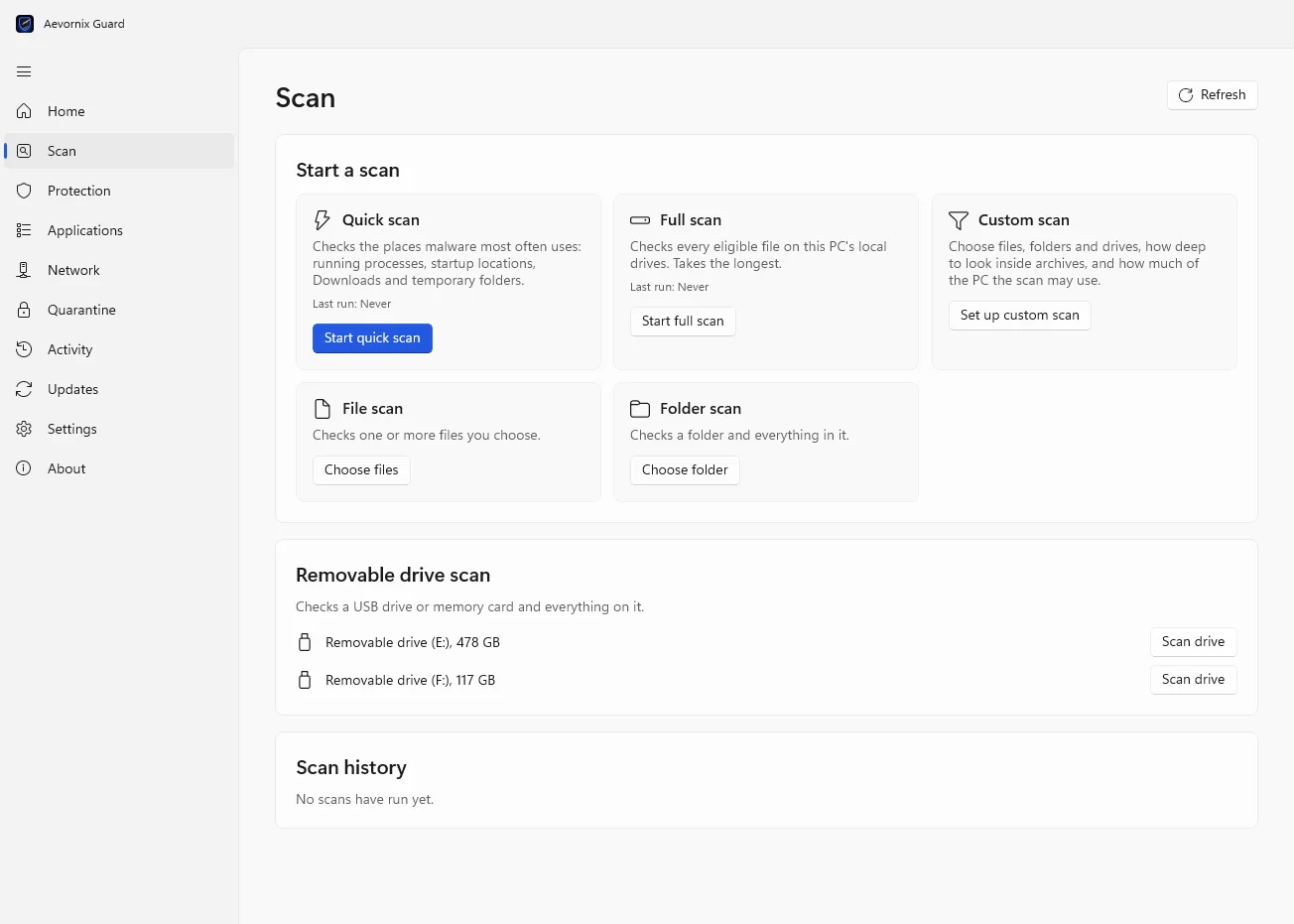 Aevornix Guard Scan page offering quick, full, custom, file and folder scans, with removable drive scanning and scan history.