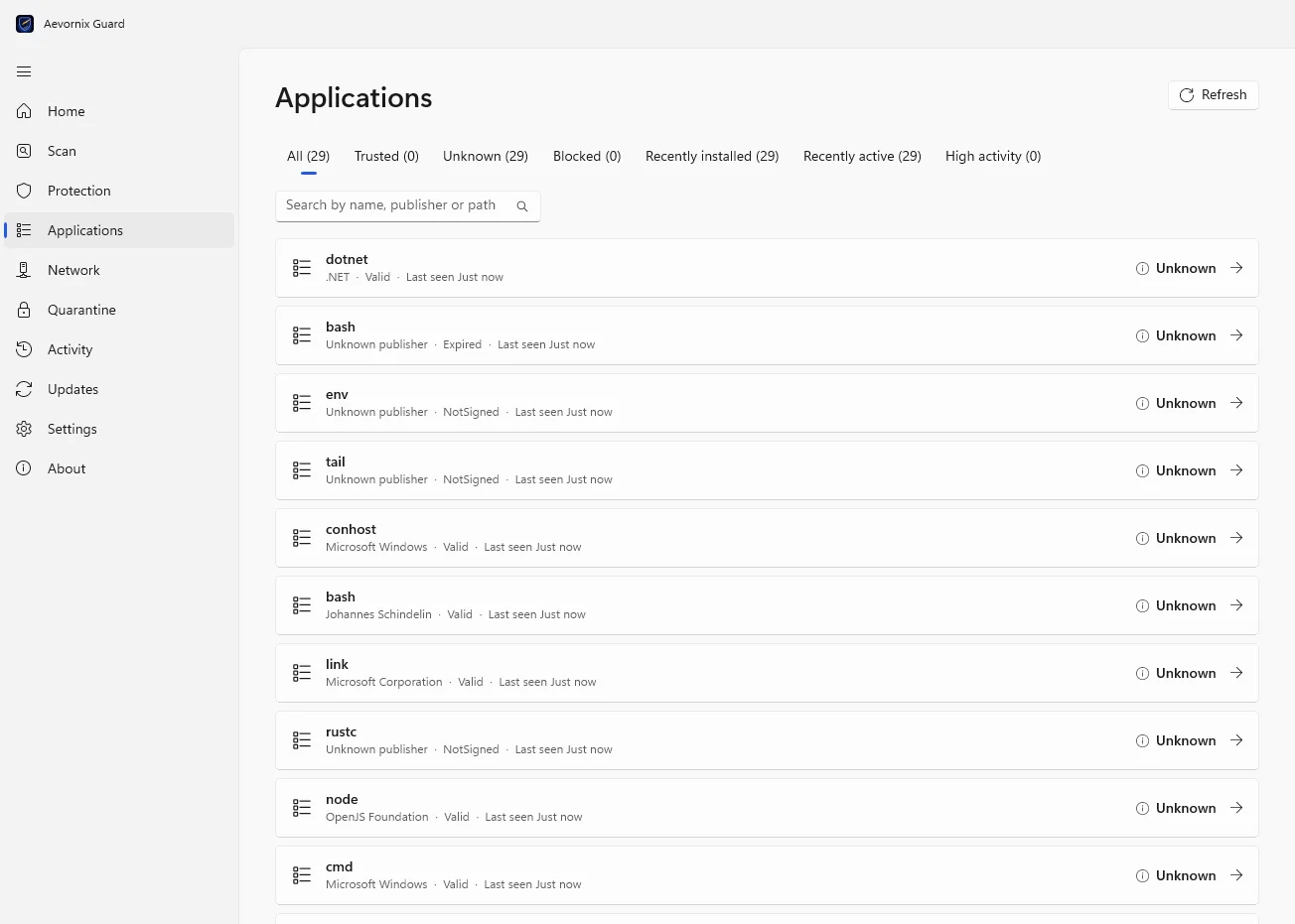 Aevornix Guard Applications page listing programs seen on the PC with publisher, signature status and trust filters.