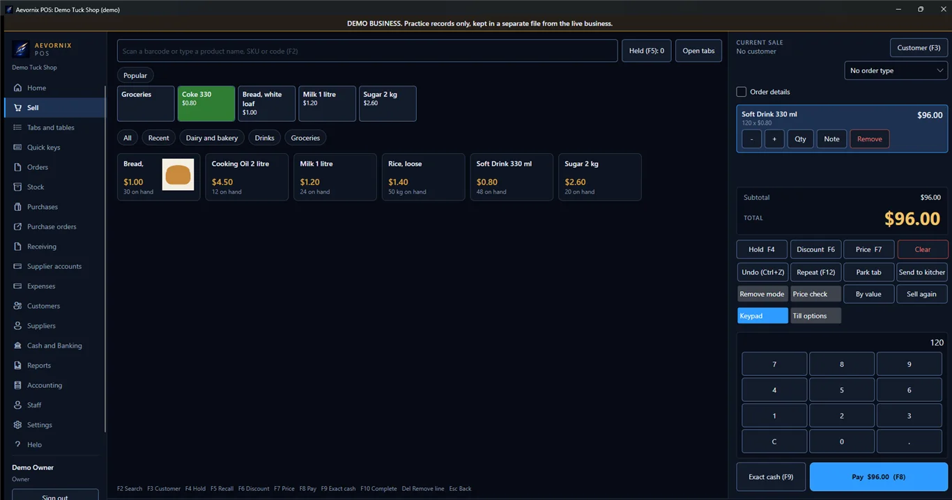 Aevornix POS Sell screen with product tiles, the current sale, function keys and an on-screen keypad.