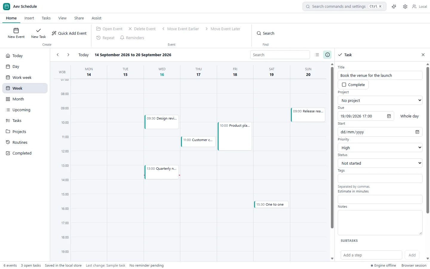 Aev Schedule week view for 14 to 20 September 2026 with scheduled items on the calendar and a task detail panel on the right.