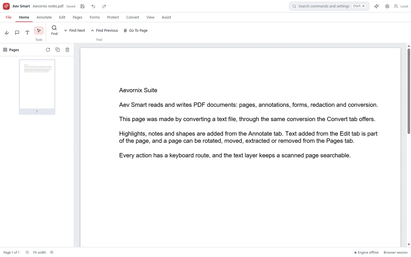 Aev Smart with a PDF document open, a page thumbnail panel on the left and the Home toolbar above.