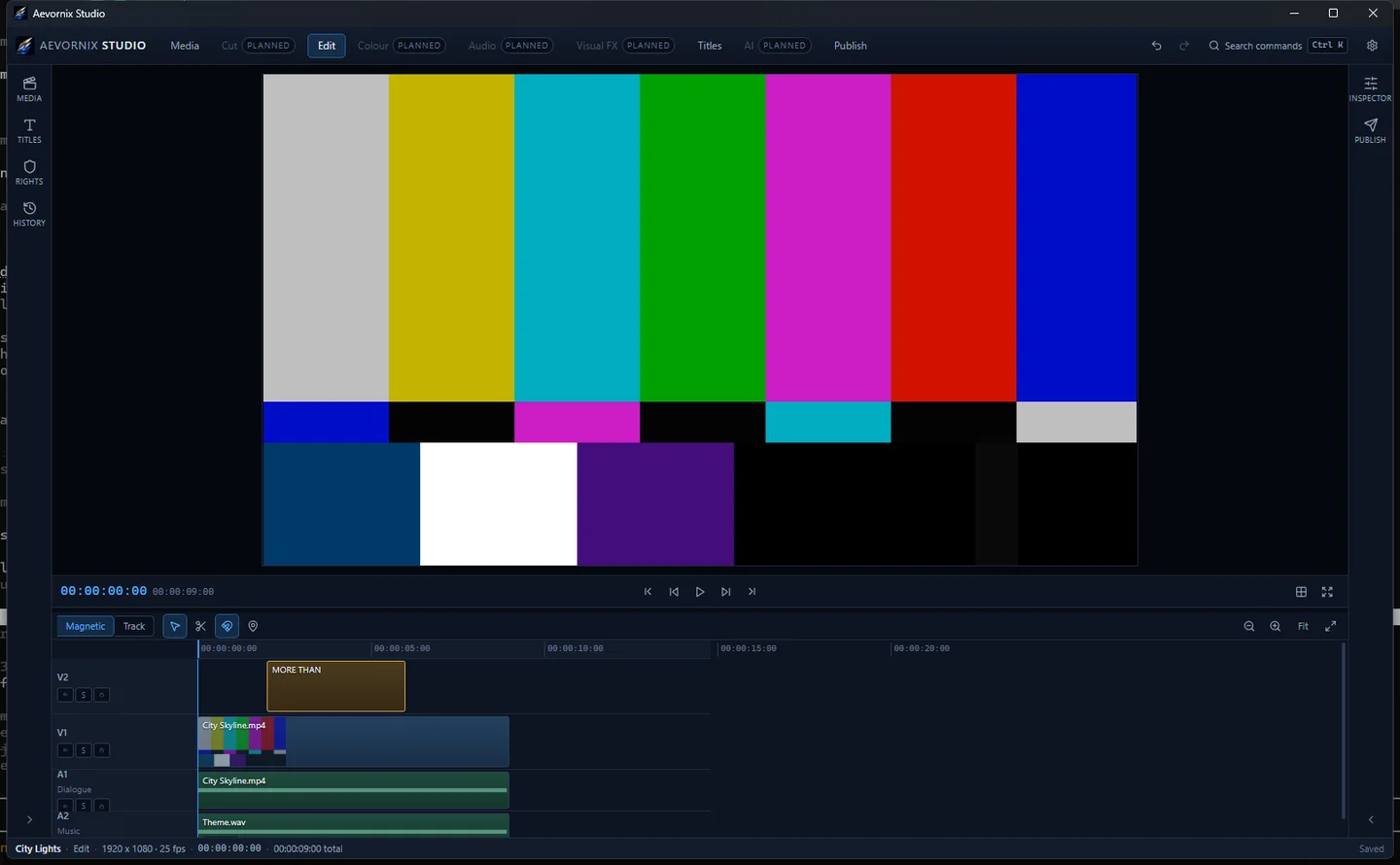 Aevornix Studio edit workbench with a colour bars clip in the viewer and video and audio clips on the timeline below.