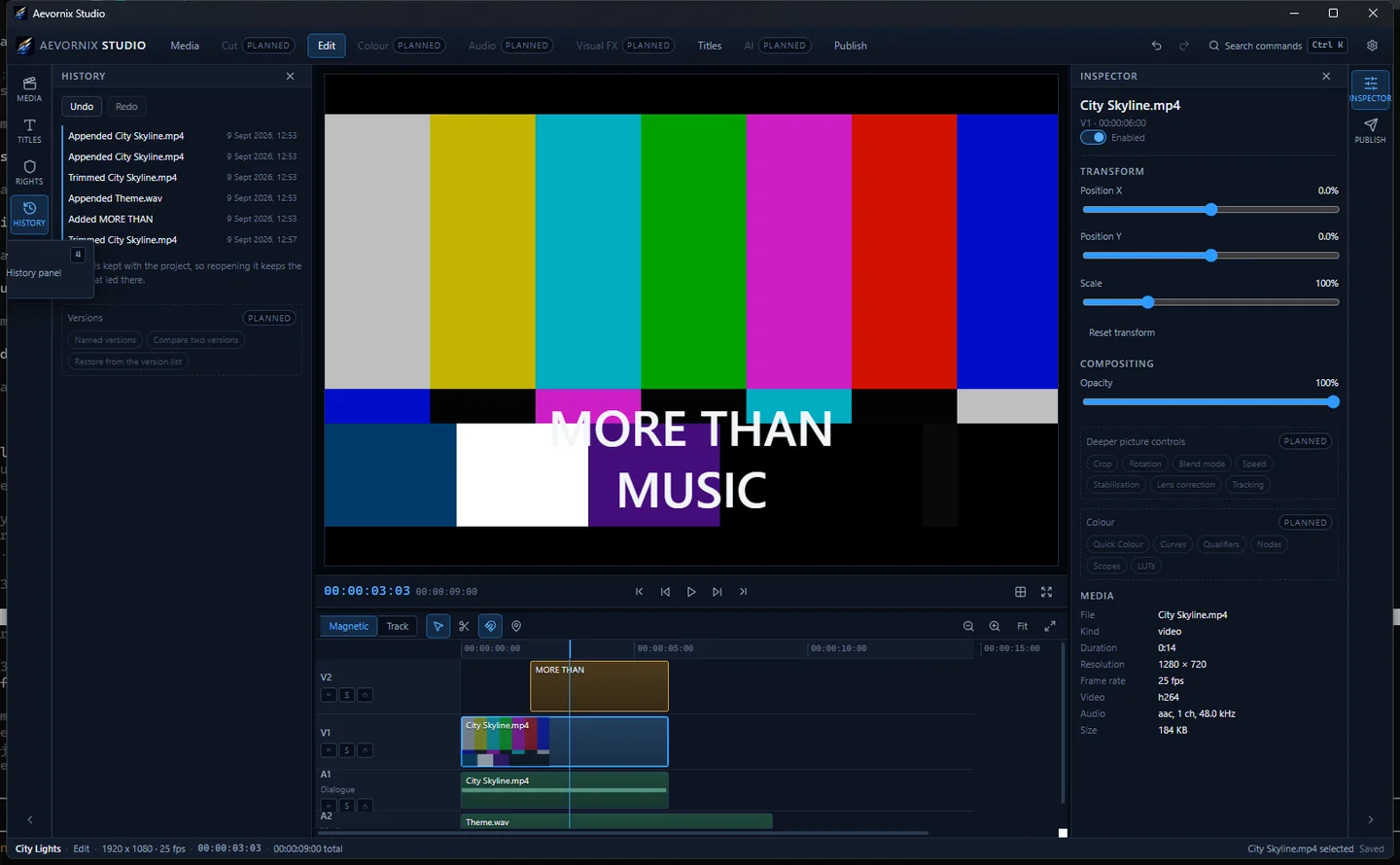 Aevornix Studio editing a title over colour bars, with the history panel on the left, the inspector with transform controls on the right and the timeline below.