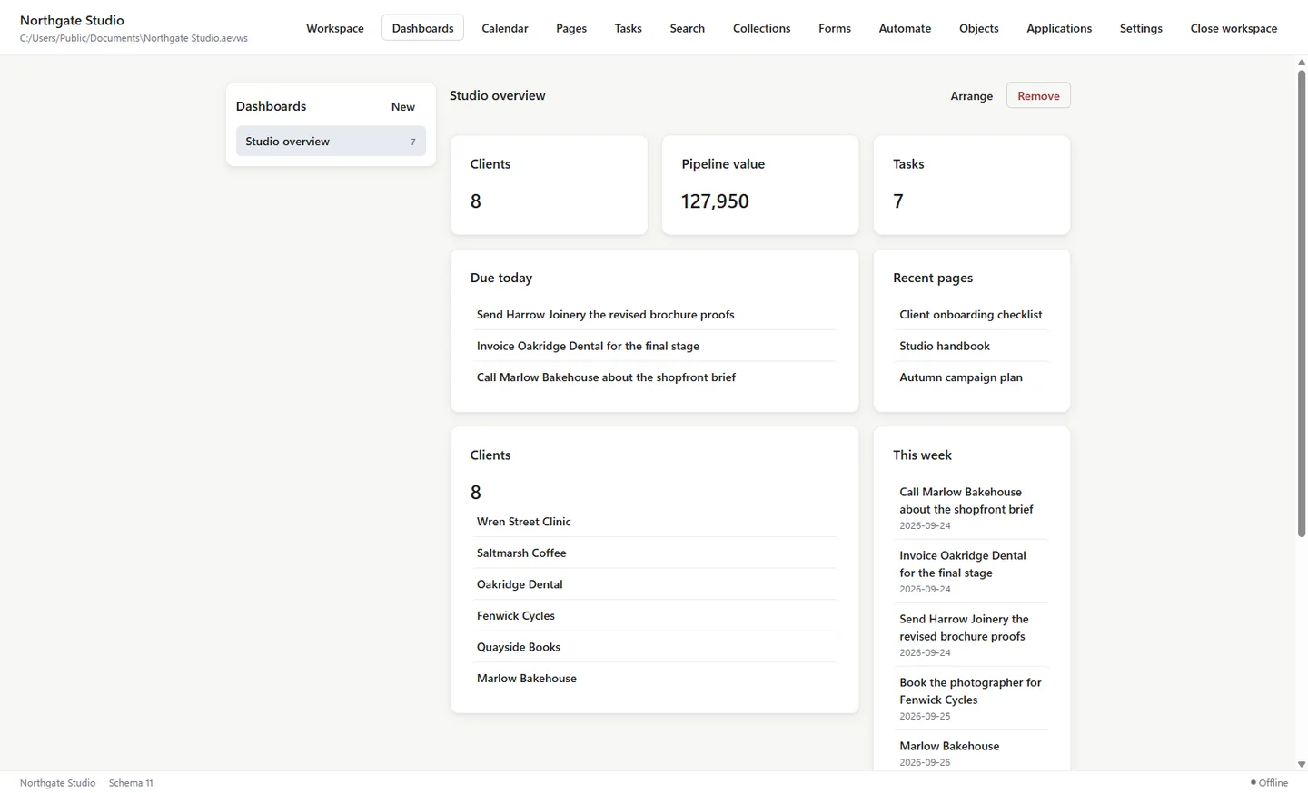 Aevornix Workspace Studio overview dashboard with client, pipeline value and task counts, items due today, recent pages and a client list.