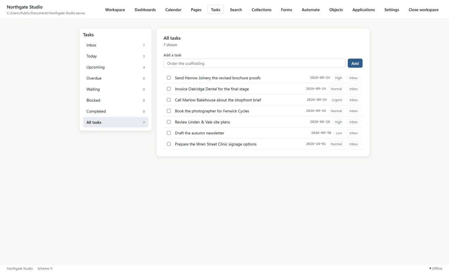 Aevornix Workspace Tasks view with task lists on the left and an all tasks list showing due dates, priorities and an add task field.